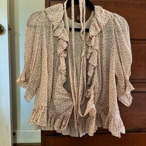 DOEN Viola Wrap Floral Ruffle Blouse, Cream and Red